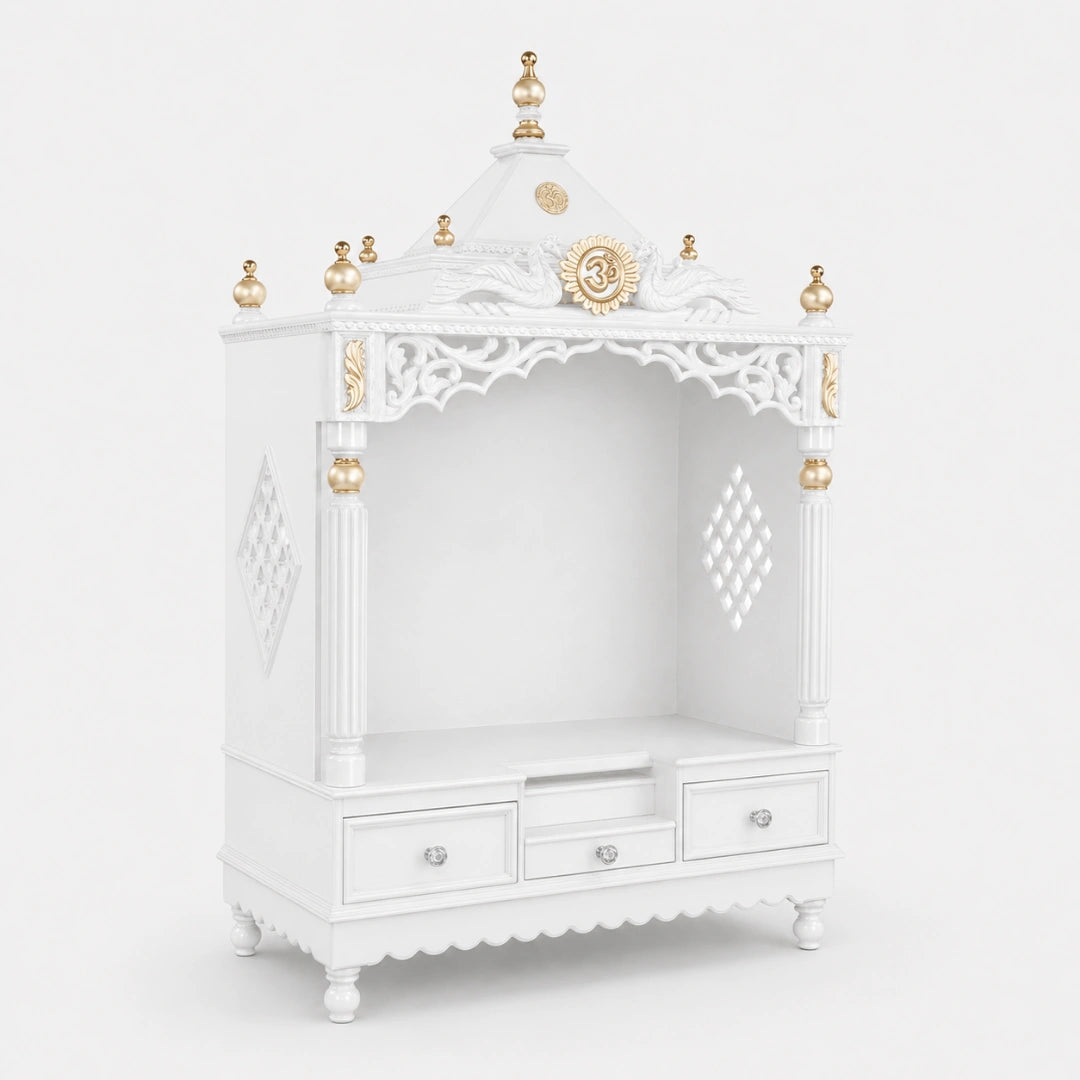 Antarusya Large Floor Rested Pooja Mandir without Door (White Gold) Side View