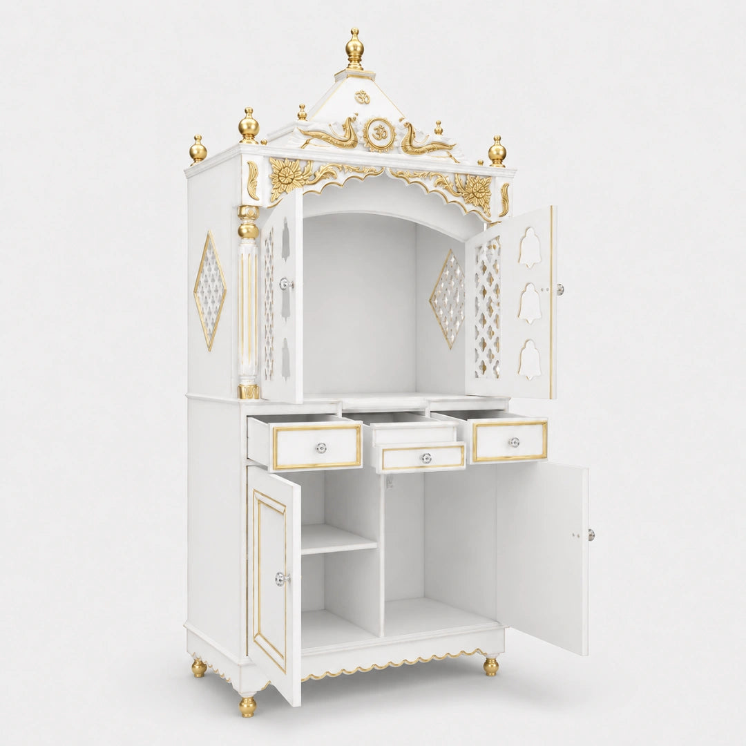 Antarusya Large Floor Rested Pooja Mandap with Door (White Gold) Side View Open Drawers