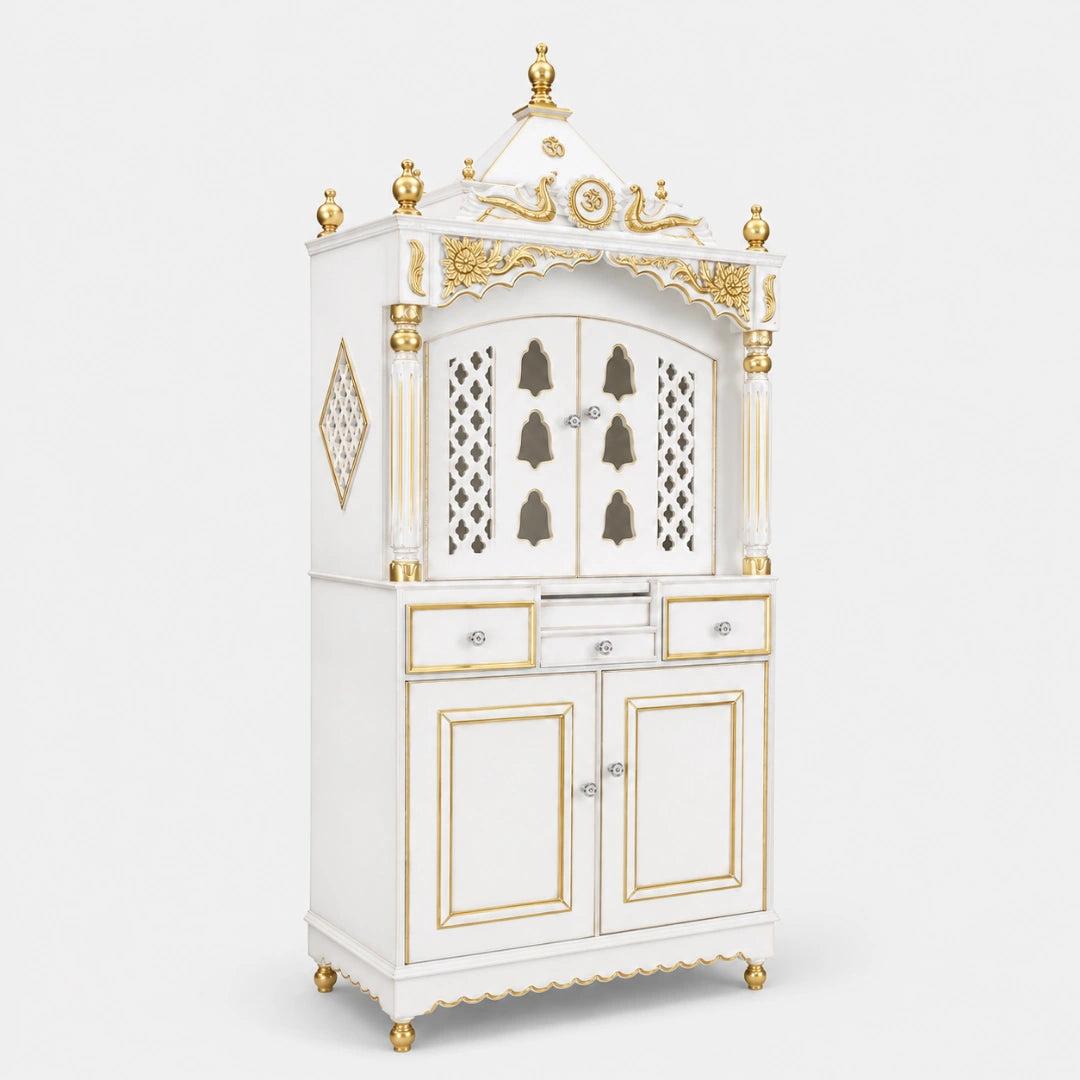 Antarusya Large Floor Rested Pooja Mandap with Door (White Gold) Side view
