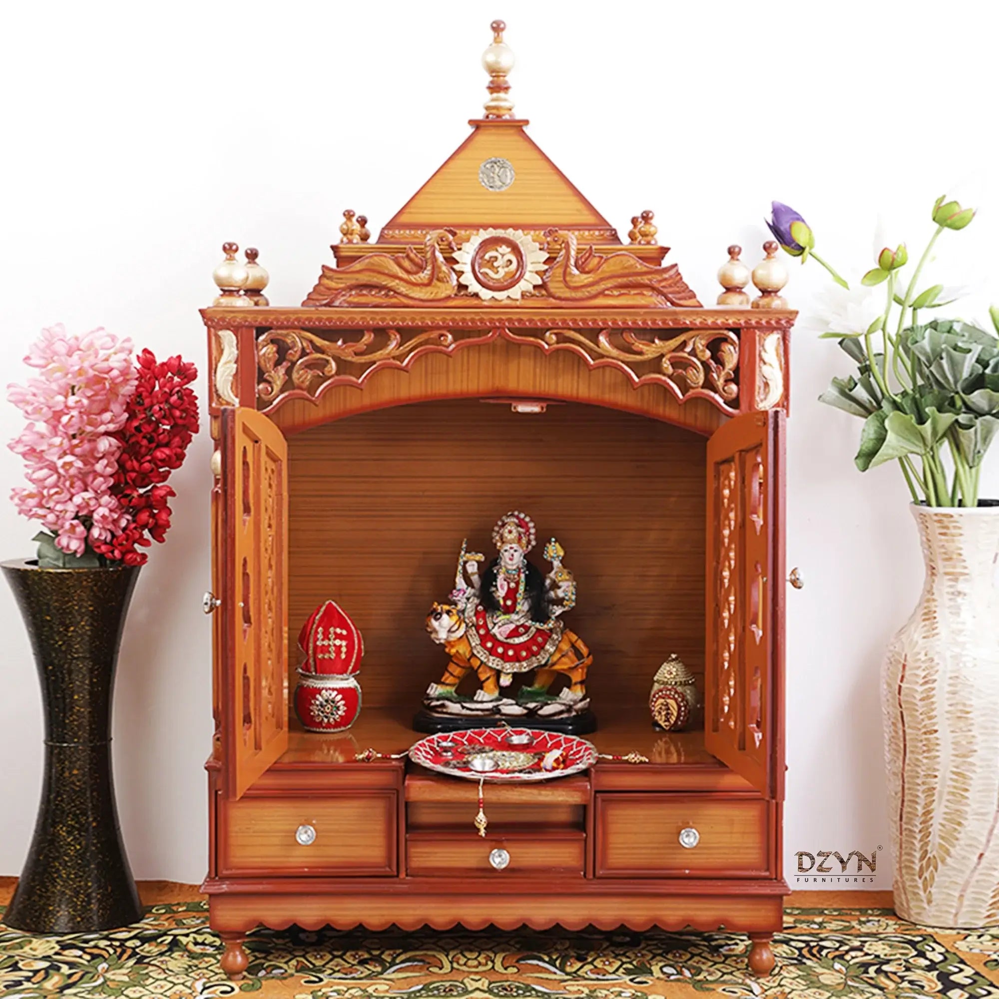 Antarusya Large Floor Rested Pooja Mandir with Door Teak Gold color lifestyle image