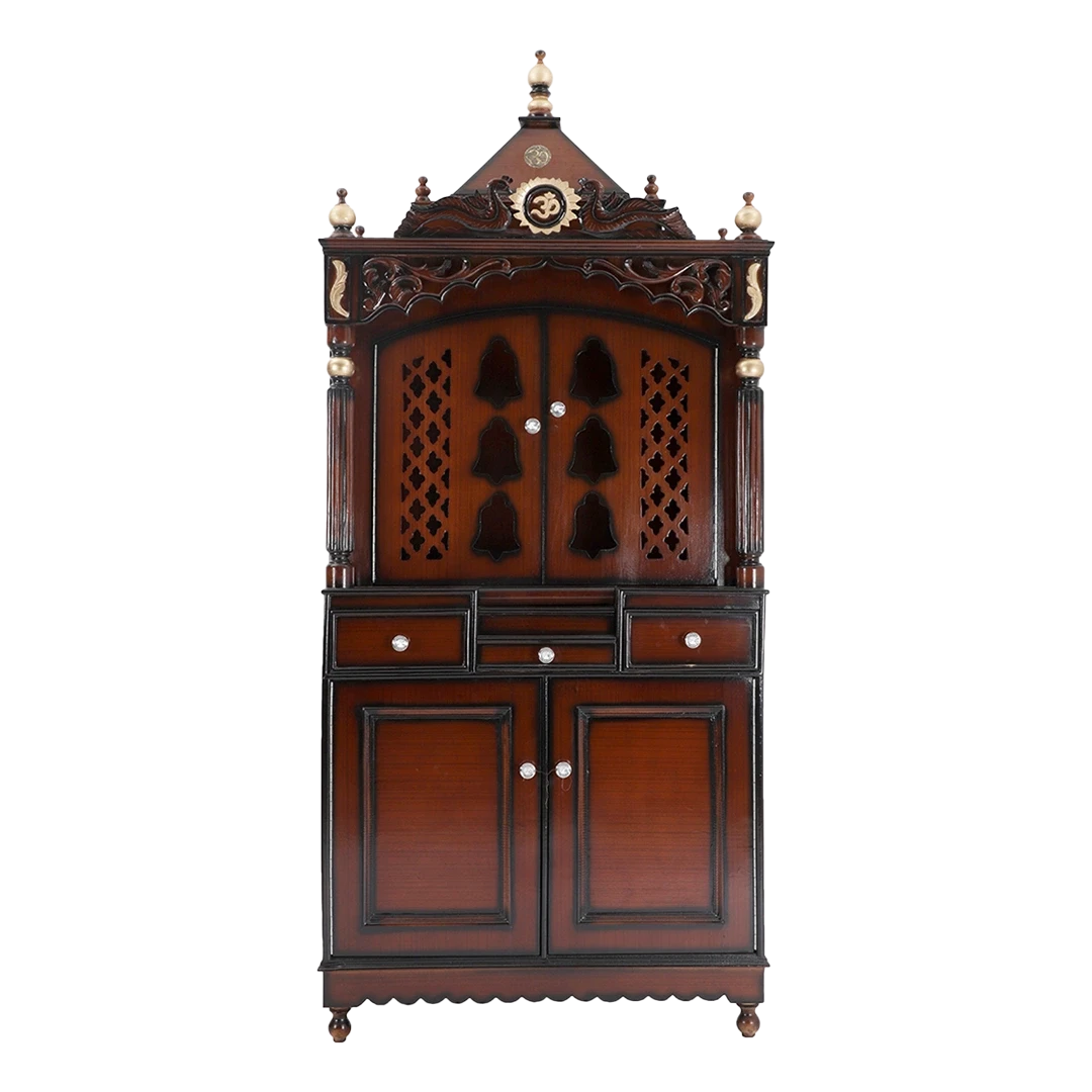 Antarusya Large Floor Rested Pooja Mandap/Wooden temple with doors for home in Brown Gold color front view