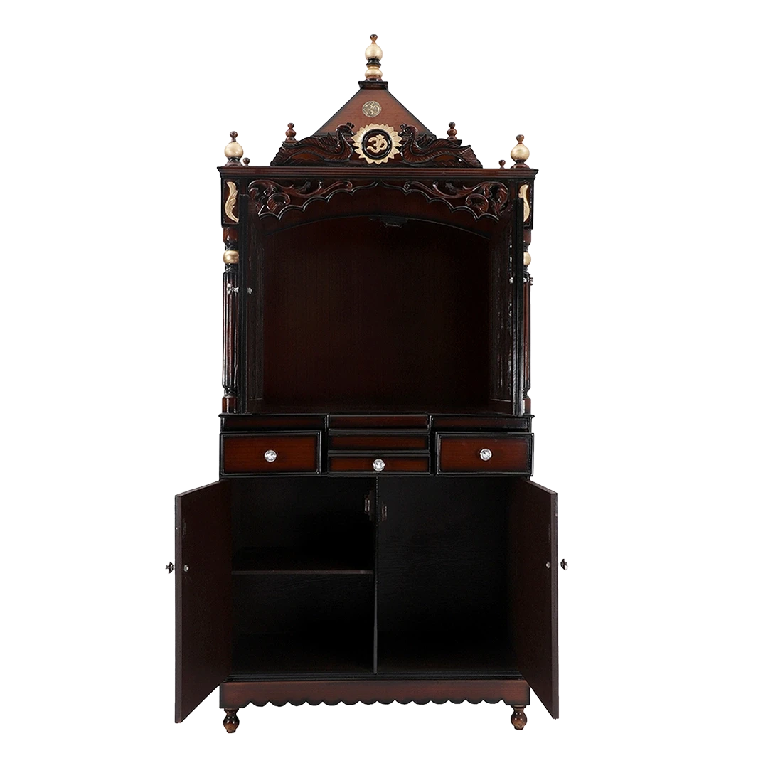 Antarusya Large Floor Rested Pooja Mandap/Wooden temple with doors for home in Brown Gold color front view open drawers