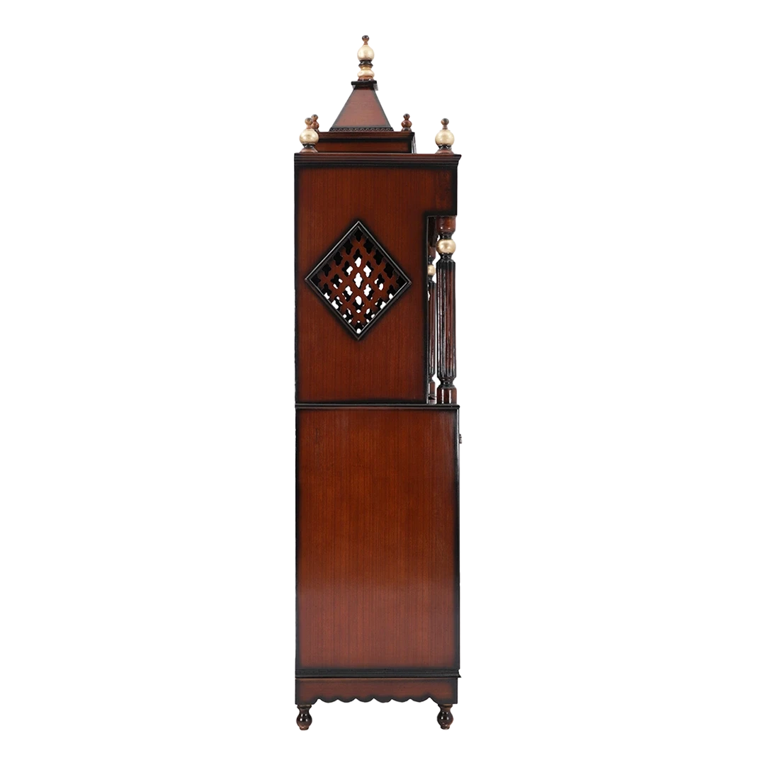 Antarusya Large Floor Rested Pooja Mandap/Wooden temple with doors for home in Brown Gold color side view featuring jali design and Pillars