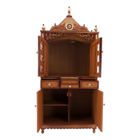 Antarusya Large Floor Rested Pooja Mandap/Wooden temple with doors for home in Teak Gold color front view open drawers