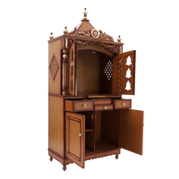 Antarusya Large Floor Rested Pooja Mandap/Wooden temple with doors for home in Teak Gold color 45° side view open drawers