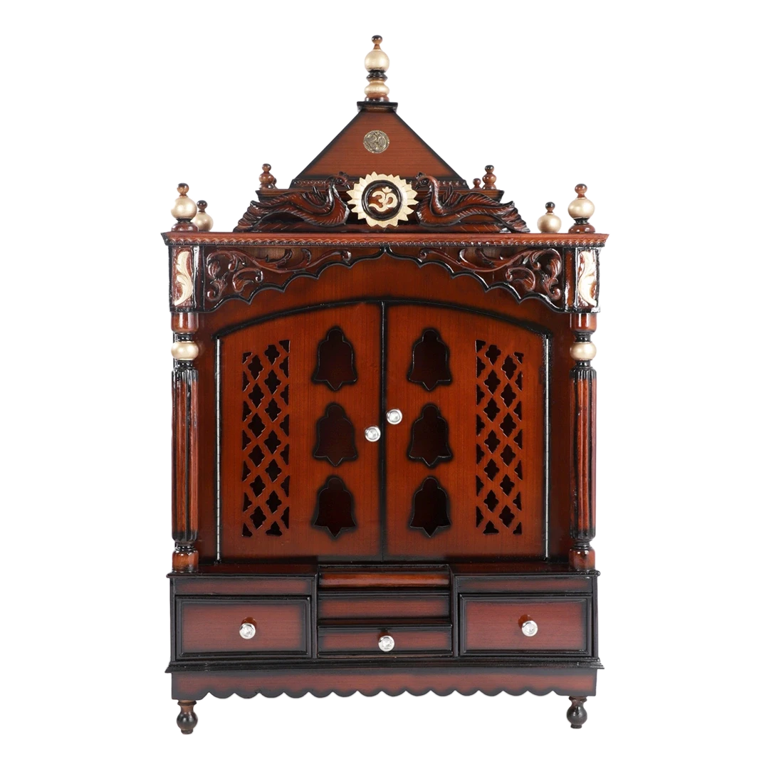 Antarusya Large Floor Rested Pooja Mandir/Wooden temple with Door for home in Brown Gold color front view