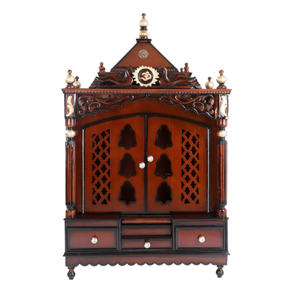 Antarusya Large Floor Rested Pooja Mandir/Wooden temple with Door for home in Brown Gold color front view