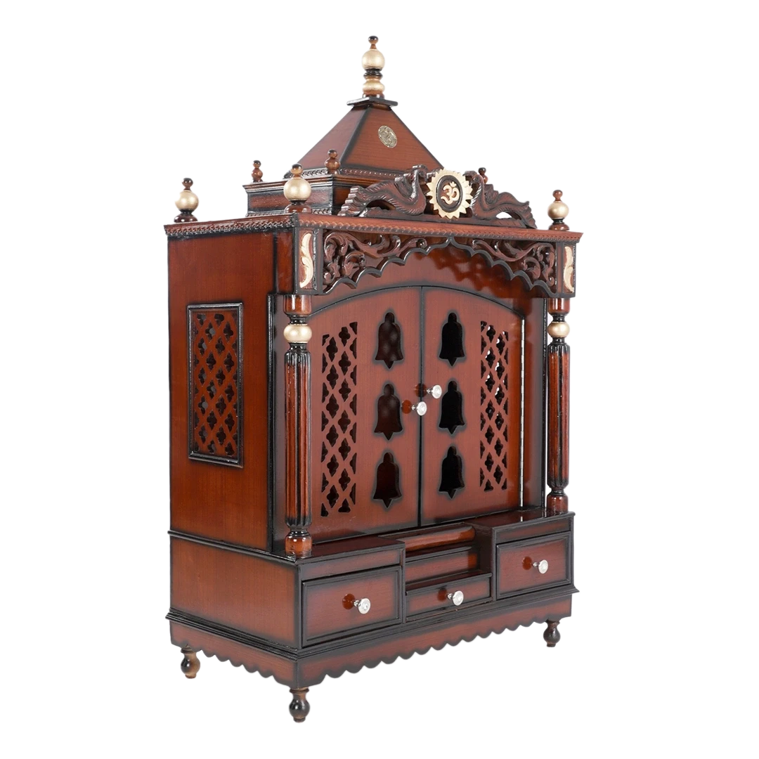 Antarusya Large Floor Rested Pooja Mandir/Wooden temple with Door for home in Brown Gold color 45° side view