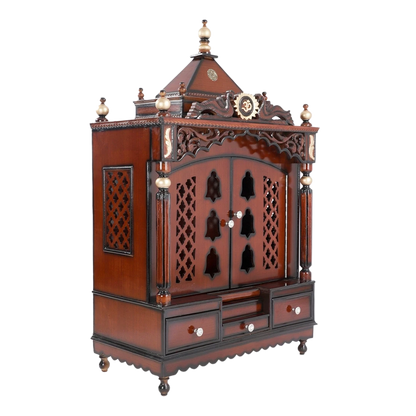 Antarusya Large Floor Rested Pooja Mandir/Wooden temple with Door for home in Brown Gold color 45° side view
