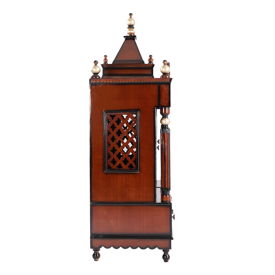 Antarusya Large Floor Rested Pooja Mandir/Wooden temple with Door for home in Brown Gold color side view featuring jali design and Pillars