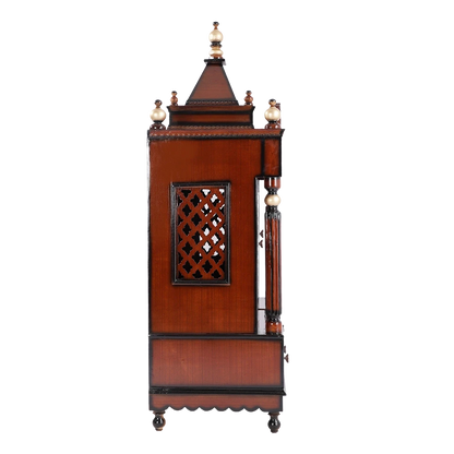 Antarusya Large Floor Rested Pooja Mandir/Wooden temple with Door for home in Brown Gold color side view featuring jali design and Pillars