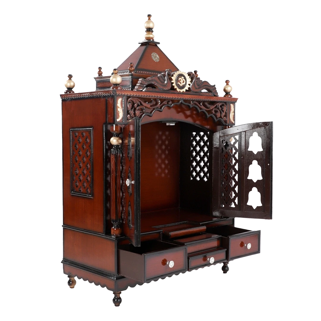 Antarusya Large Floor Rested Pooja Mandir/Wooden temple with Door for home in Brown Gold color 45° side view open drawers