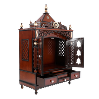 Antarusya Large Floor Rested Pooja Mandir/Wooden temple with Door for home in Brown Gold color 45° side view open drawers