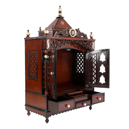 Antarusya Large Floor Rested Pooja Mandir/Wooden temple with Door for home in Brown Gold color 45° side view open drawers
