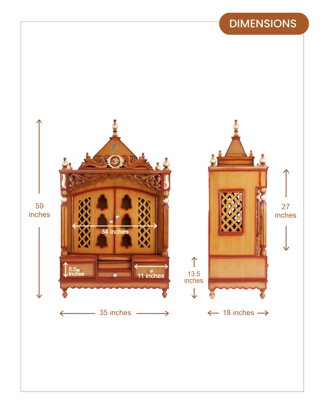Antarusya Large Floor Rested Pooja Mandir with Door (Teak Gold)