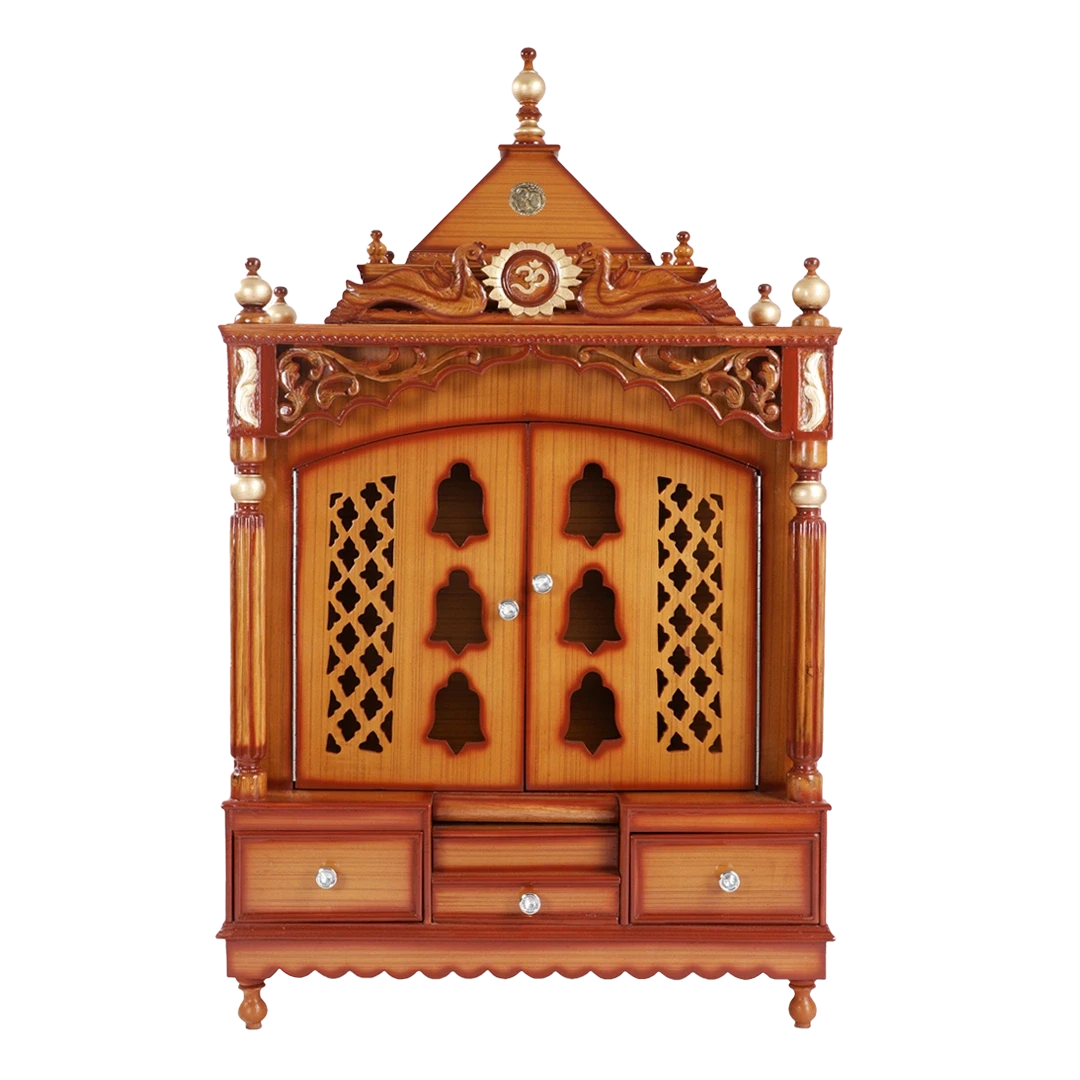 Antarusya Large Floor Rested Pooja Mandir/Wooden temple for home in Teak Gold color front view