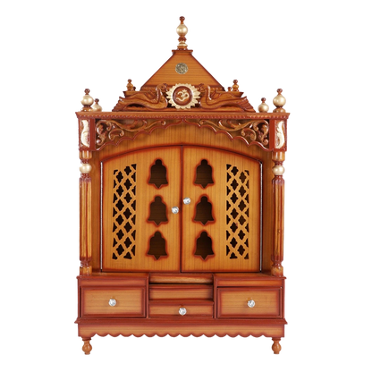 Antarusya Large Floor Rested Pooja Mandir/Wooden temple for home in Teak Gold color front view