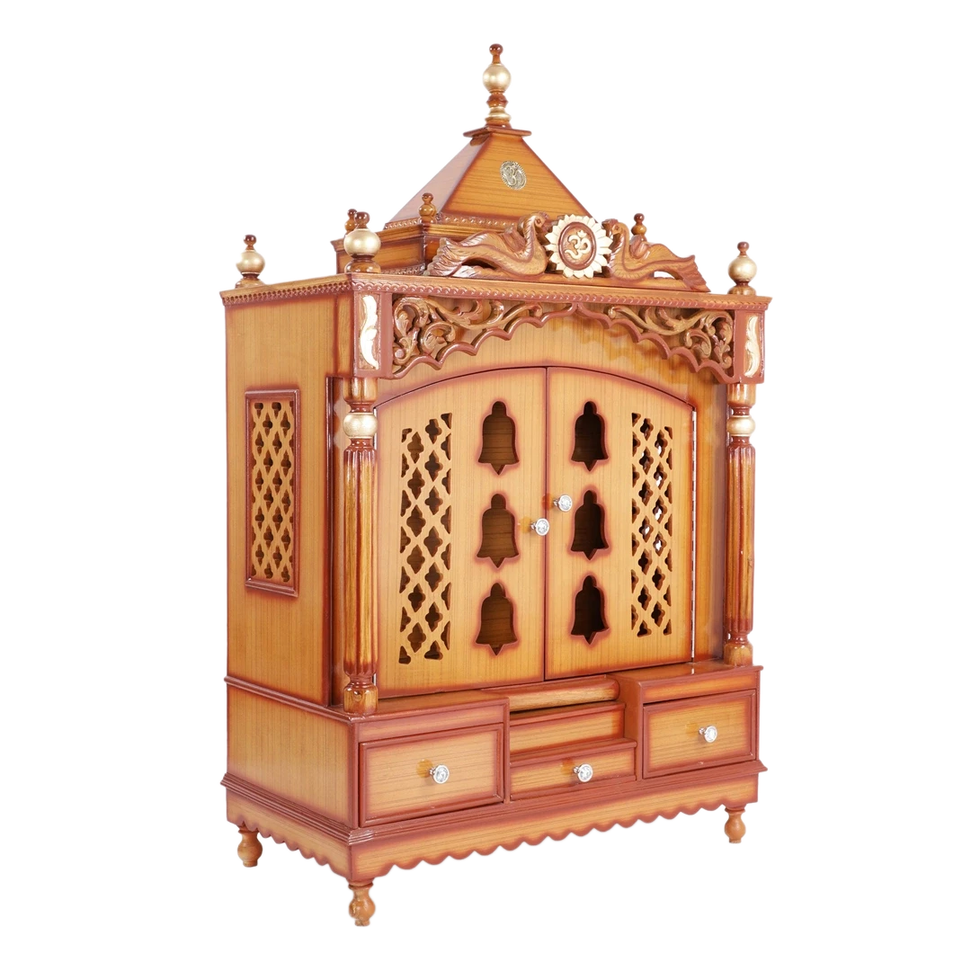 Antarusya Large Floor Rested Pooja Mandir/Wooden temple for home in Teak Gold color 45° side view
