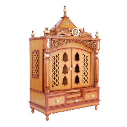 Antarusya Large Floor Rested Pooja Mandir/Wooden temple for home in Teak Gold color 45° side view