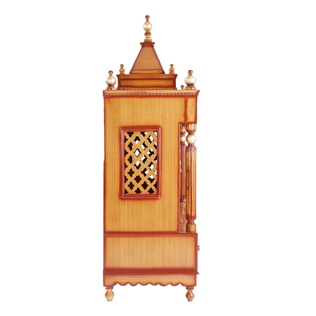 Antarusya Large Floor Rested Pooja Mandir/Wooden temple for home in Teak Gold color side view featuring jali design and Pillars