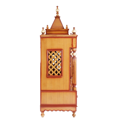 Antarusya Large Floor Rested Pooja Mandir/Wooden temple for home in Teak Gold color side view featuring jali design and Pillars
