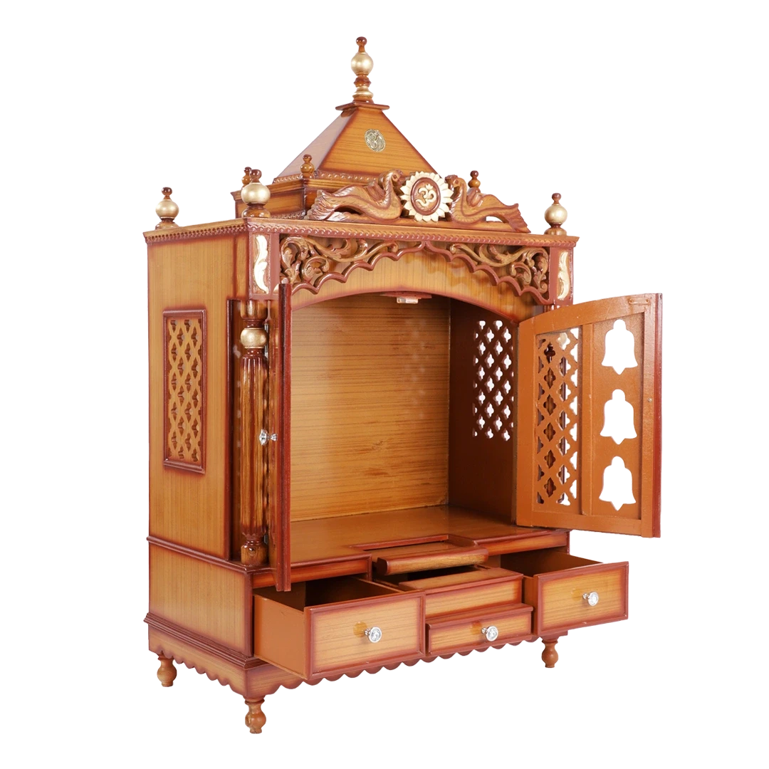 Antarusya Large Floor Rested Pooja Mandir/Wooden temple for home in Teak Gold color 45° side view open drawers
