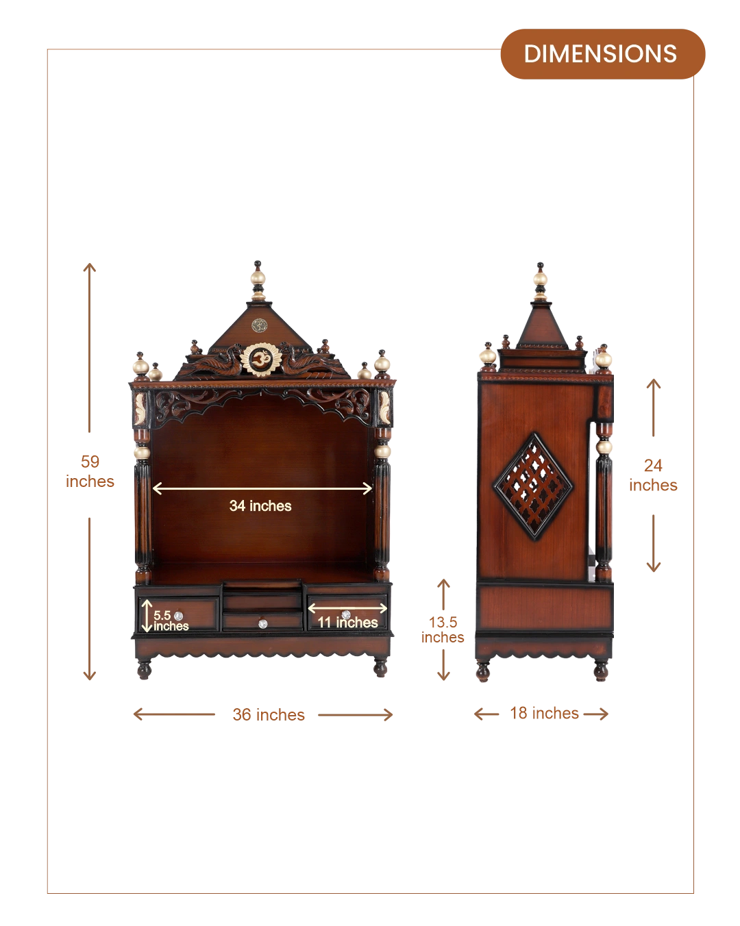 Antarusya Large Floor Rested Pooja Mandir with Door (Brown Gold)