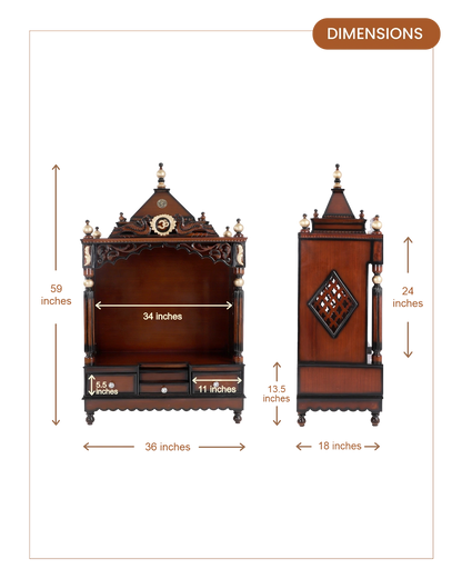 Antarusya Large Floor Rested Pooja Mandir with Door (Brown Gold)