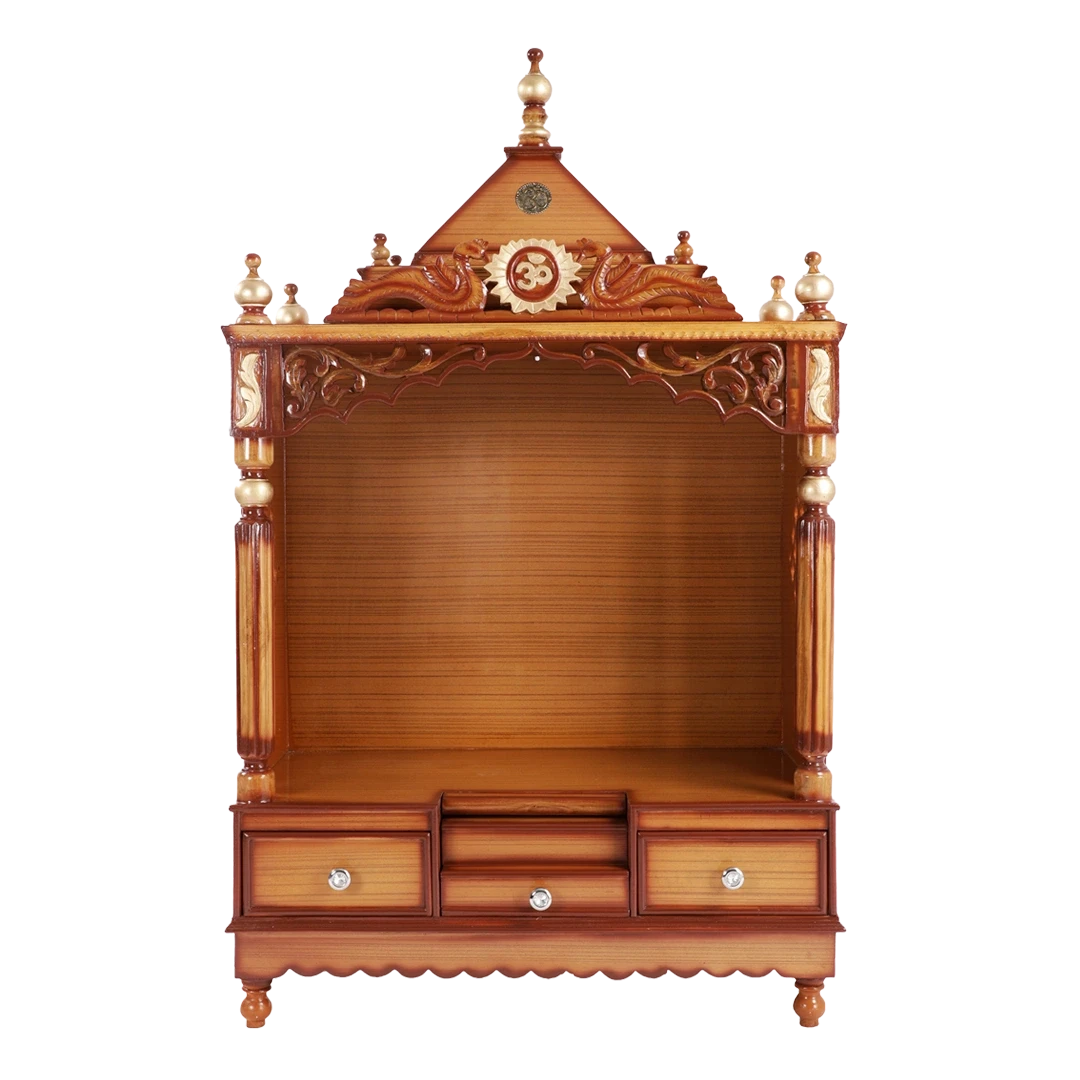 Antarusya Large Floor Rested Pooja Mandir/Wooden temple for home in Teak Gold color