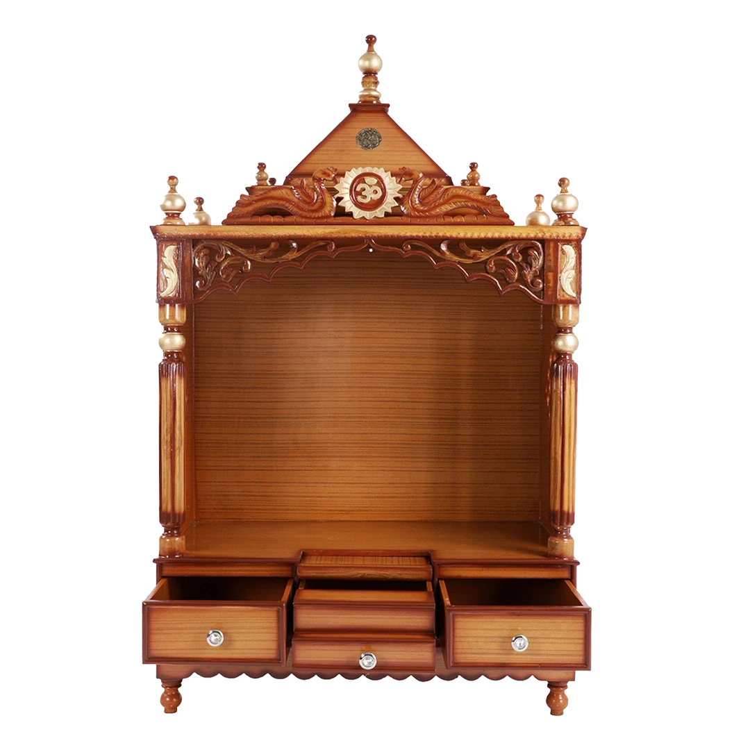 Antarusya Large Floor Rested Pooja Mandir/Wooden temple for home in Teak Gold color front view open drawers