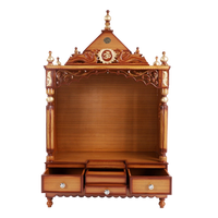 Antarusya Large Floor Rested Pooja Mandir/Wooden temple for home in Teak Gold color front view open drawers