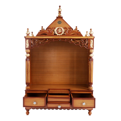 Antarusya Large Floor Rested Pooja Mandir/Wooden temple for home in Teak Gold color front view open drawers