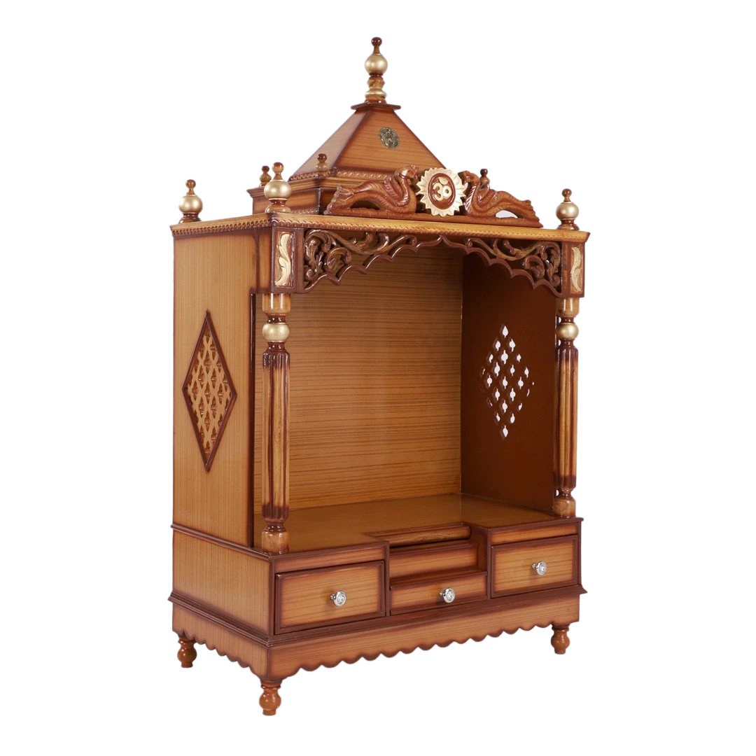 Antarusya Large Floor Rested Pooja Mandir/Wooden temple for home in Teak Gold color 45° side view