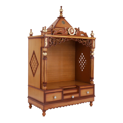 Antarusya Large Floor Rested Pooja Mandir/Wooden temple for home in Teak Gold color 45° side view