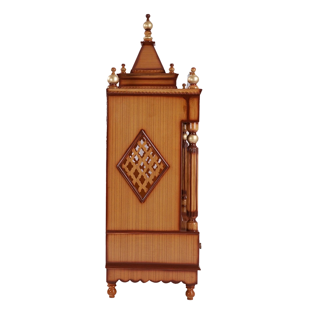 Antarusya Large Floor Rested Pooja Mandir/Wooden temple for home in Teak Gold color side view featuring jali design and Pillars