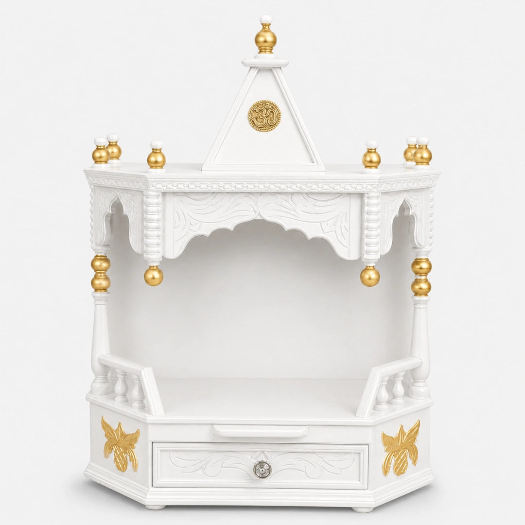 Anugrah Wall Mount Pooja Mandir without Door (White Gold) Front Angle