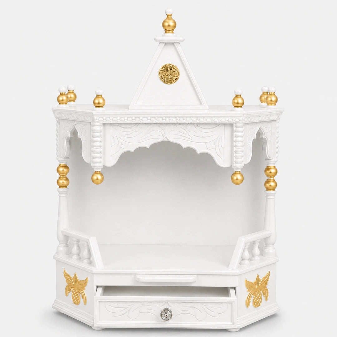 Anugrah Wall Mount Pooja Mandir without Door (White Gold) Front View open drawer