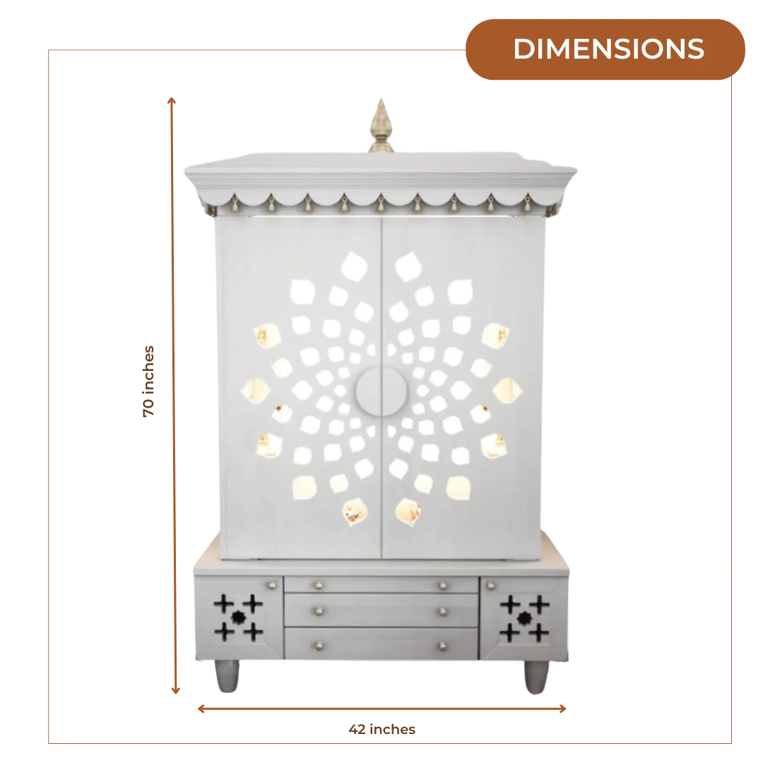 Anviksha Teak Wood Pooja Mandap With Door(White) Dimensions