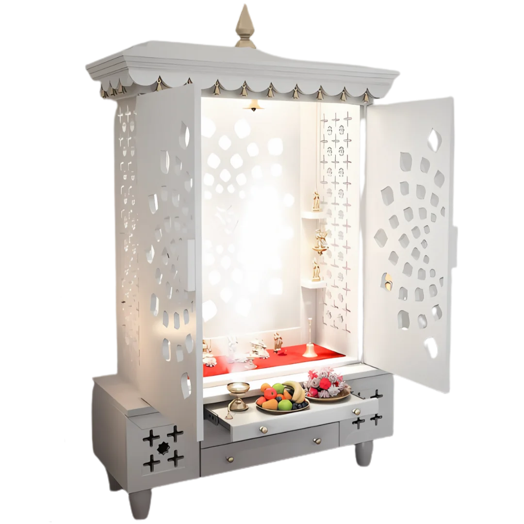 Anviksha Teak Wood Pooja Mandap With Door(White) Open Door Side Angle 