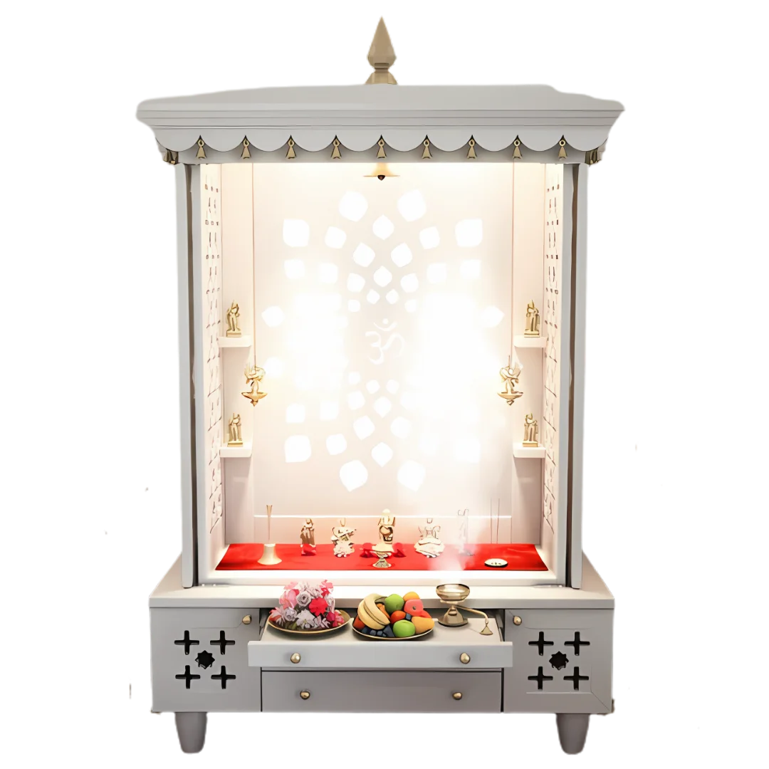 Anviksha Teak Wood Pooja Mandap With Door(White) Open Door front view