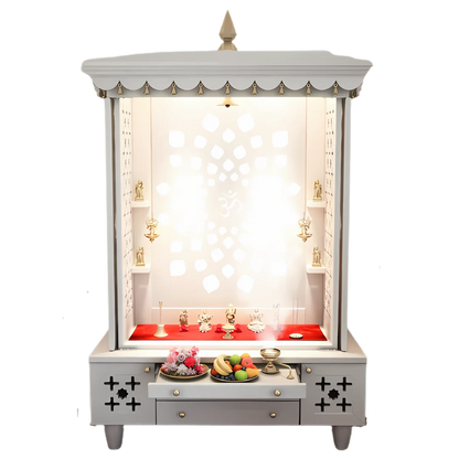 Anviksha Teak Wood Pooja Mandap With Door(White) Open Door front view