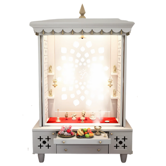 Anviksha Teak Wood Pooja Mandap With Door(White) Open Door front view