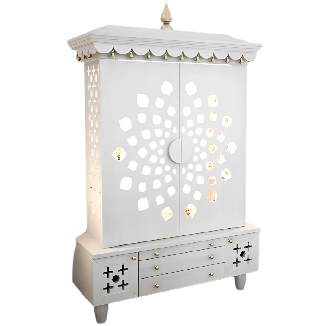 Anviksha Teak Wood Pooja Mandap With Door(White) Side Angle 