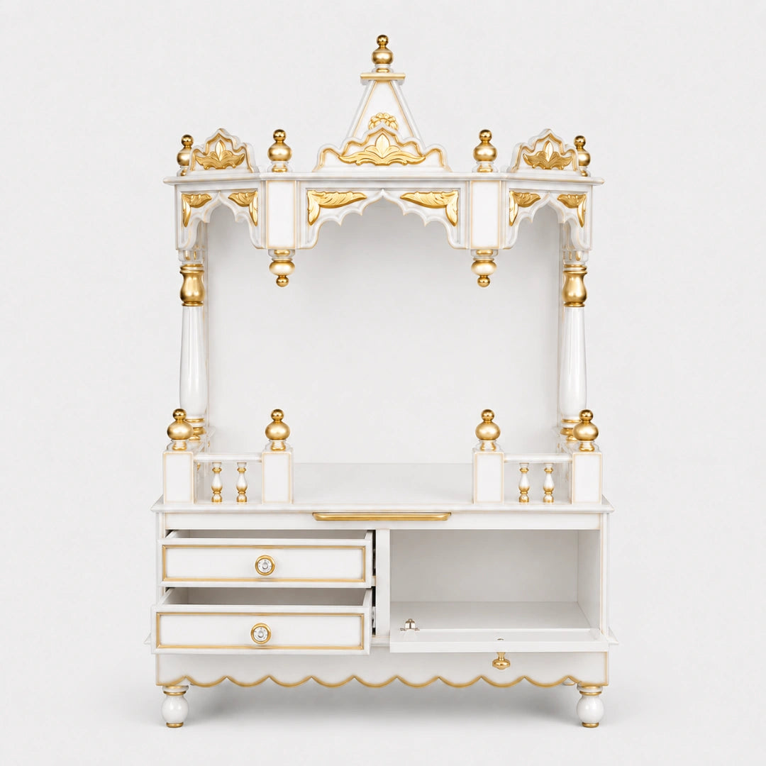 Apratima Medium Floor Rested Pooja Mandir Without Door (White Gold) Front view open drawers