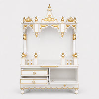 Apratima Medium Floor Rested Pooja Mandir Without Door (White Gold) Front view open drawers