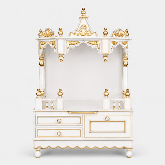 Apratima Medium Floor Rested Pooja Mandir Without Door (White Gold) Front View