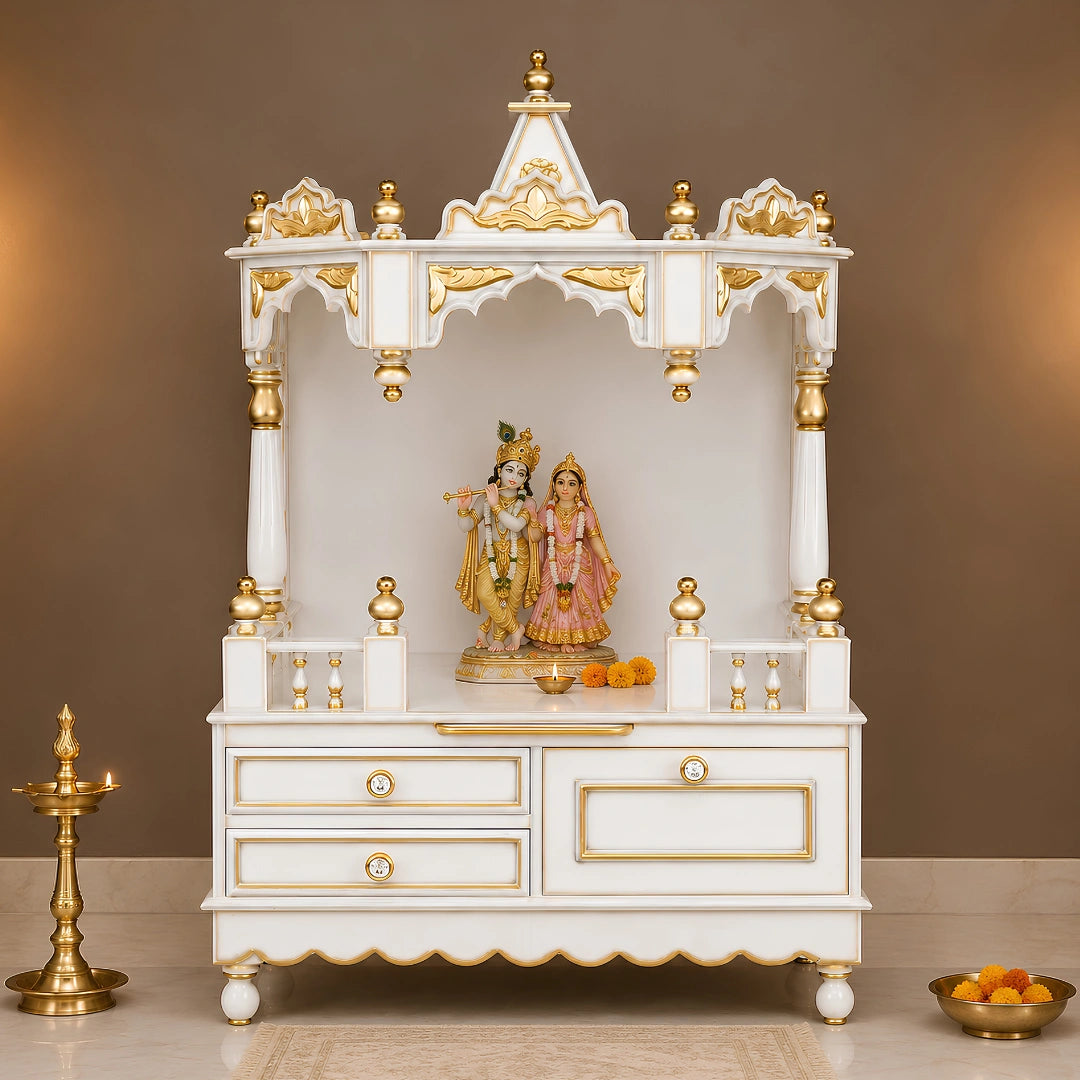 Apratima Medium Floor Rested Pooja Mandir Without Door (White Gold) Lifestyle View