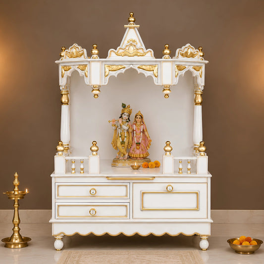 Apratima Medium Floor Rested Pooja Mandir Without Door (White Gold) Lifestyle View