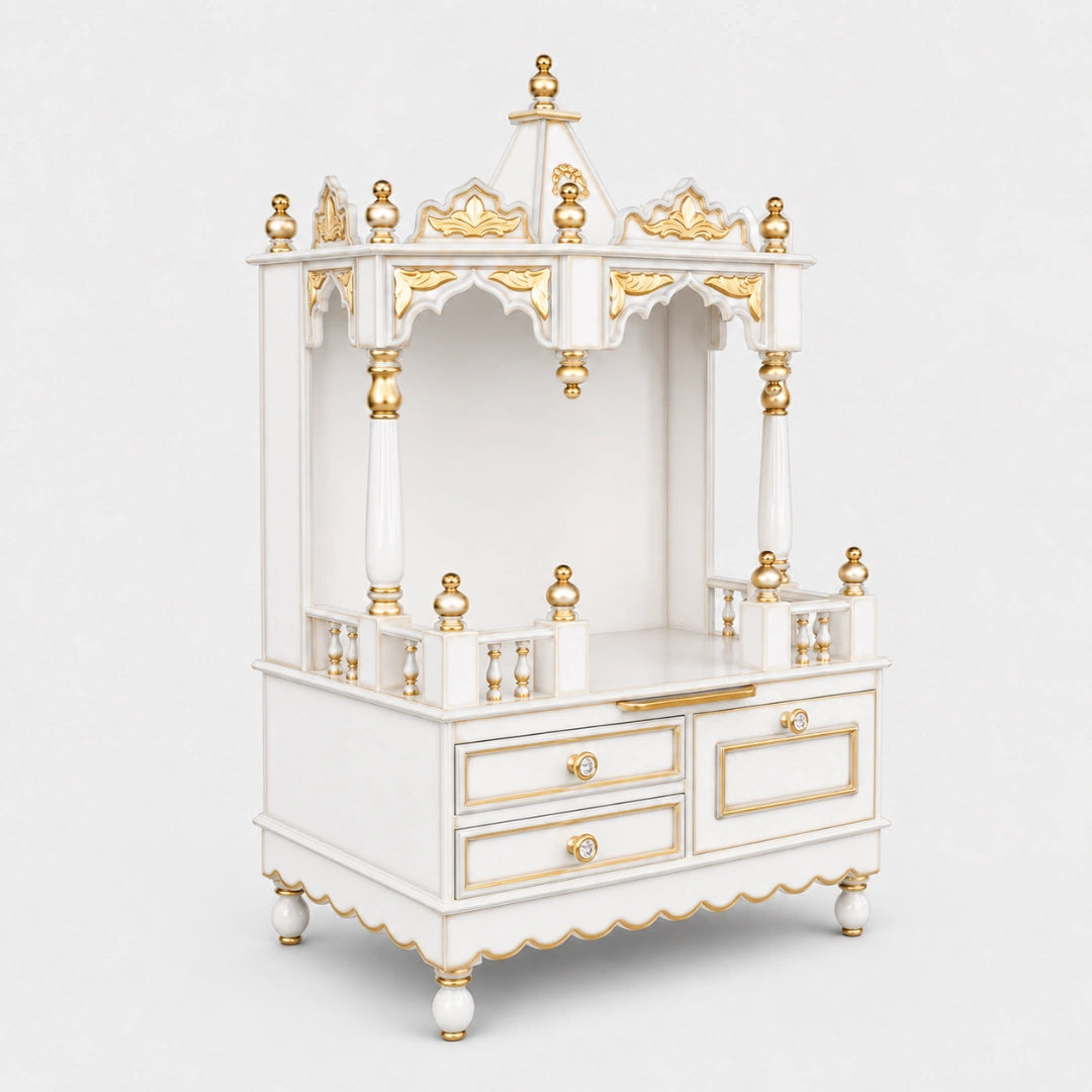 Apratima Medium Floor Rested Pooja Mandir Without Door (White Gold) Side View