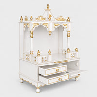 Apratima Medium Floor Rested Pooja Mandir Without Door (White Gold) Side View Open Drawers